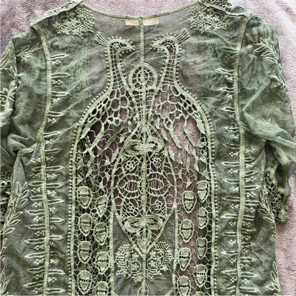 Simply Couture Sage Green Tab Sleeve Knit Lace Peacock Open Cardigan - Picture 8 of 10